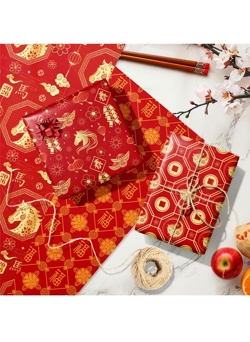 saykfoe 12 Sheets Chinese Red Wrapping Paper: Lunar New Year Gifts Wrap Paper - Year of The Horse Gift Wrapping Paper for Families Collague Friends Spring Festival Party Favors Gift Decor - Image 4